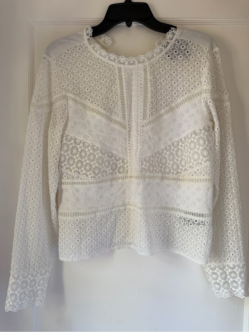 Anthropologie White Eyelet Lace Long-Sleeve Blouse
